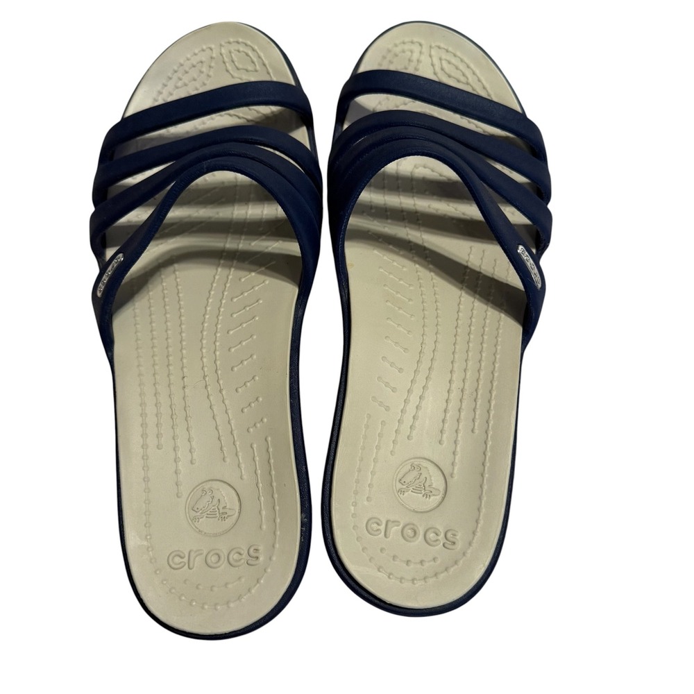 Crocs Rhonda Slide Wedge Sandals Navy Blue Cream Strappy Comfort Shoes Womens 10